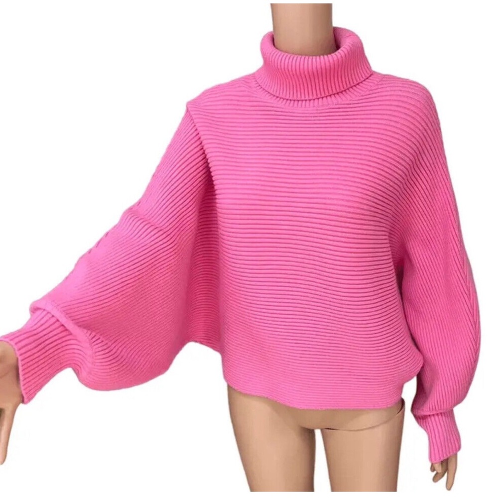 Zara Rich Ribbbes Thick Dolman Oversized HTF Neon Pink Turtleneck Sweater M L - Picture 2 of 7